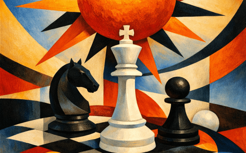 White king, black knight, and black pawn chess pieces on a checkerboard with a large bright sun in the background
